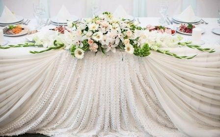 Festlich gedeckter Hochzeitstisch mit floraler Tischdekoration in Weiß und Rosa.