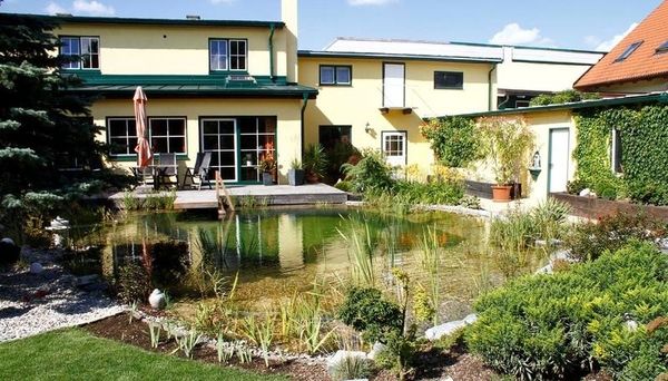 Modernes Haus mit großem Naturpool und umliegendem Garten.
