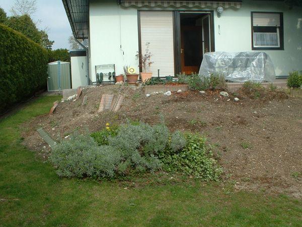 Ungepflegte Gartenfläche mit kahlen Stellen, bereit für eine Umgestaltung.