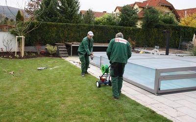 Zwei Gärtner arbeiten an einem Pool, einer hält eine Gartengerätewalze.