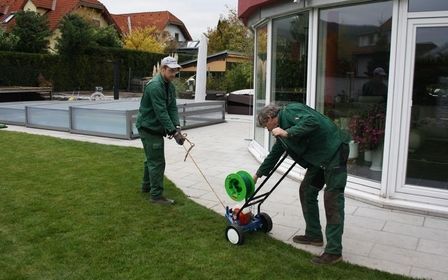 Zwei Gärtner verlegen Rasenkanten neben einer Terrasse mit Pool.