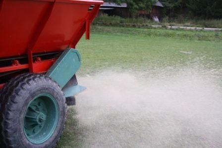 Traktor streut weißen Sand oder Dünger auf eine Rasenfläche.